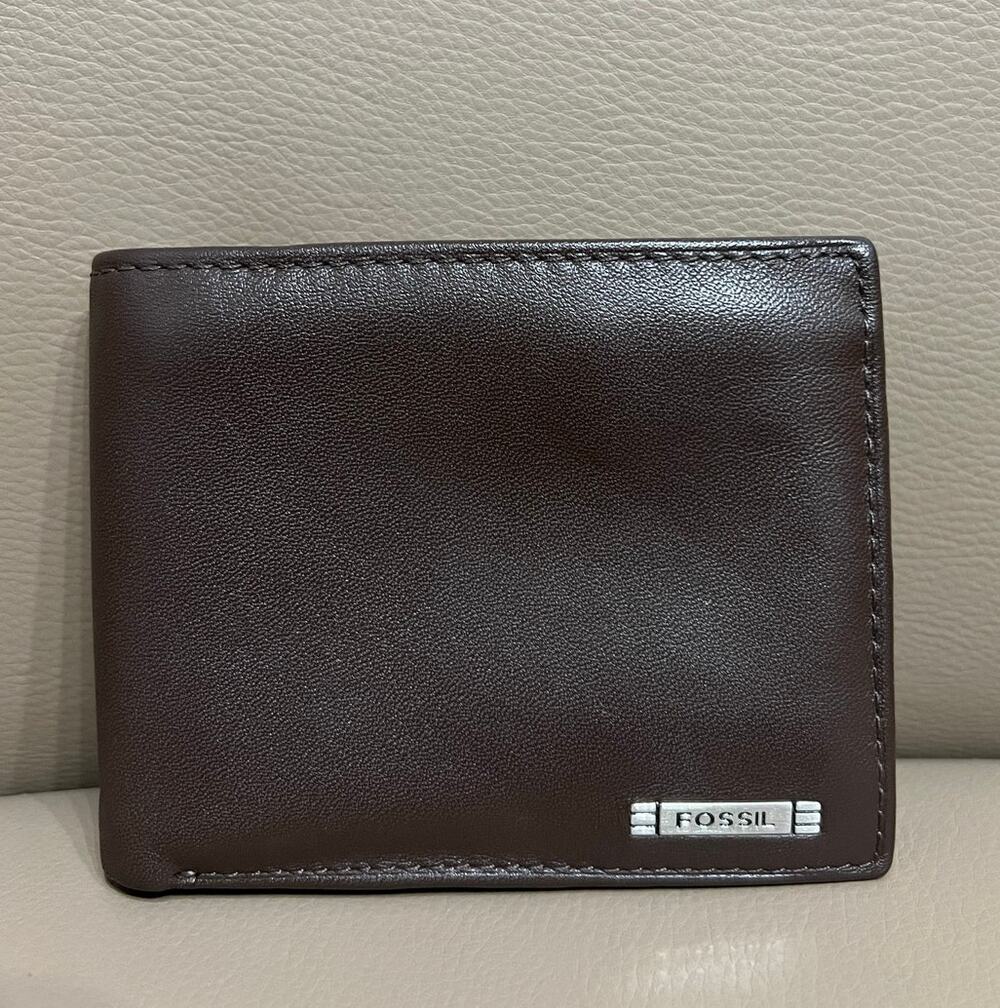 Fossil Mens Wallet Brown Genuine Leather Bifold Logo Zipper Plaid